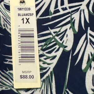 Max Studio Navy Button-Down Shirt with White & Green Leaf Print Size 1x